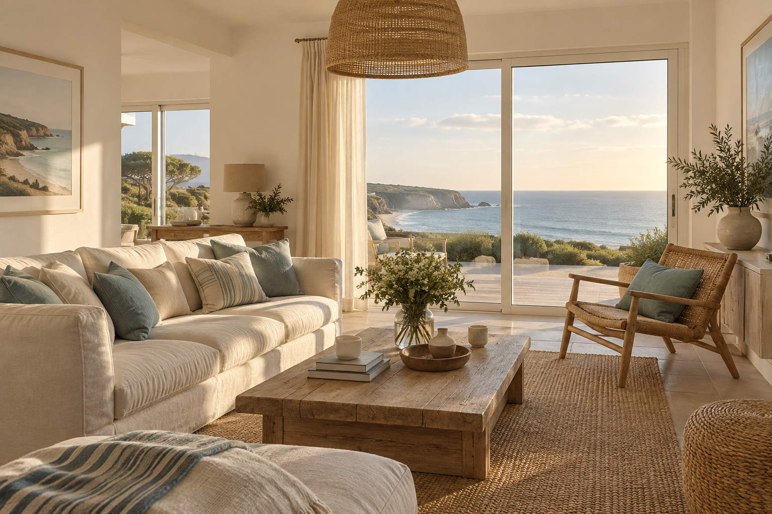 Salon lumineux d’une location saisonnière avec vue sur l’océan